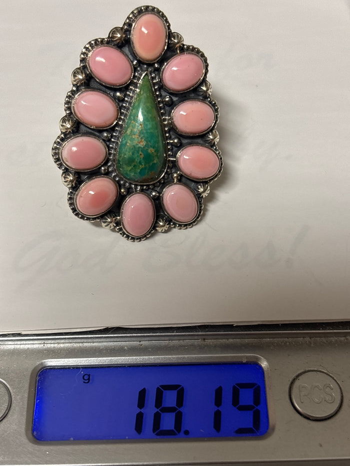 Pink Conch Turquoise Cluster Ring | Sterling Silver | Size 8 C850