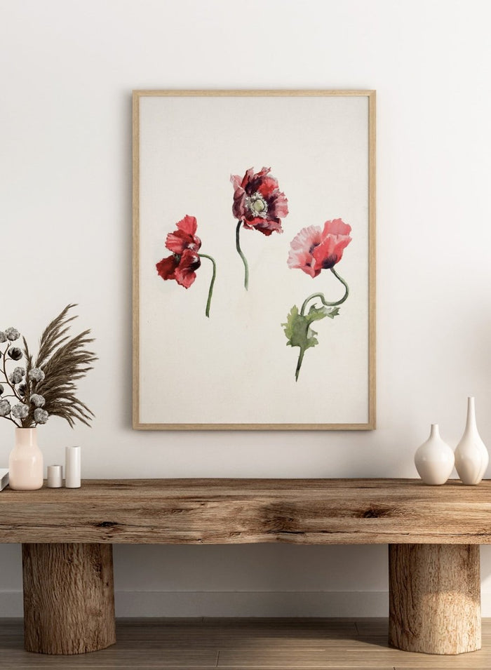 Poppy Flowers by Lilly Walther is a vintage botanical print of three red and pink poppies in watercolor, a floral wall art print for any room.