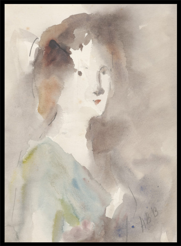 A watercolor portrait painting of a woman's face and upper torso, rendered in soft gray, brown, white, pale blue, and muted green washes. Portrait of a Woman by Hercules Brabazon Brabazon is a vintage watercolor art print featuring a softly painted woman in warm neutrals, blue, and olive tones.