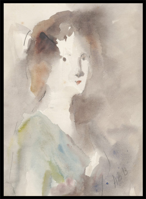 A watercolor portrait painting of a woman's face and upper torso, rendered in soft gray, brown, white, pale blue, and muted green washes. Portrait of a Woman by Hercules Brabazon Brabazon is a vintage watercolor art print featuring a softly painted woman in warm neutrals, blue, and olive tones.