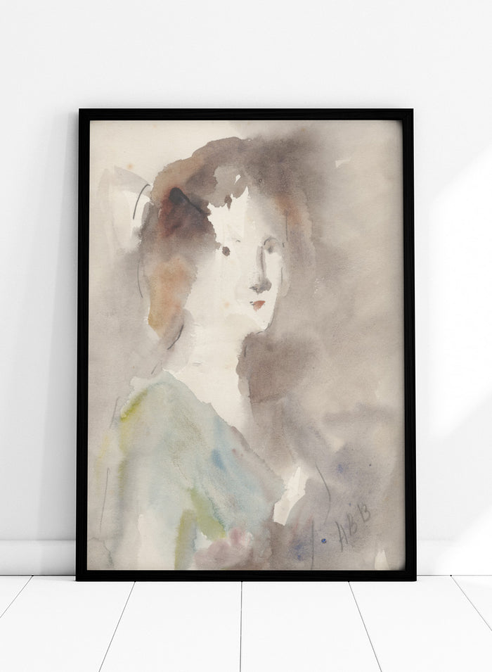 A watercolor portrait painting of a woman's face and upper torso, rendered in soft gray, brown, white, pale blue, and muted green washes. Portrait of a Woman by Hercules Brabazon Brabazon is a vintage watercolor art print featuring a softly painted woman in warm neutrals, blue, and olive tones.