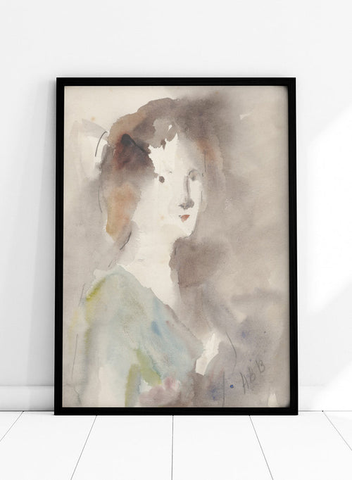 A watercolor portrait painting of a woman's face and upper torso, rendered in soft gray, brown, white, pale blue, and muted green washes. Portrait of a Woman by Hercules Brabazon Brabazon is a vintage watercolor art print featuring a softly painted woman in warm neutrals, blue, and olive tones.