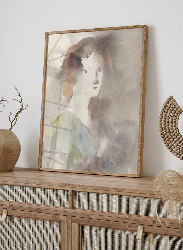 A watercolor portrait painting of a woman's face and upper torso, rendered in soft gray, brown, white, pale blue, and muted green washes. Portrait of a Woman by Hercules Brabazon Brabazon is a vintage watercolor art print featuring a softly painted woman in warm neutrals, blue, and olive tones.