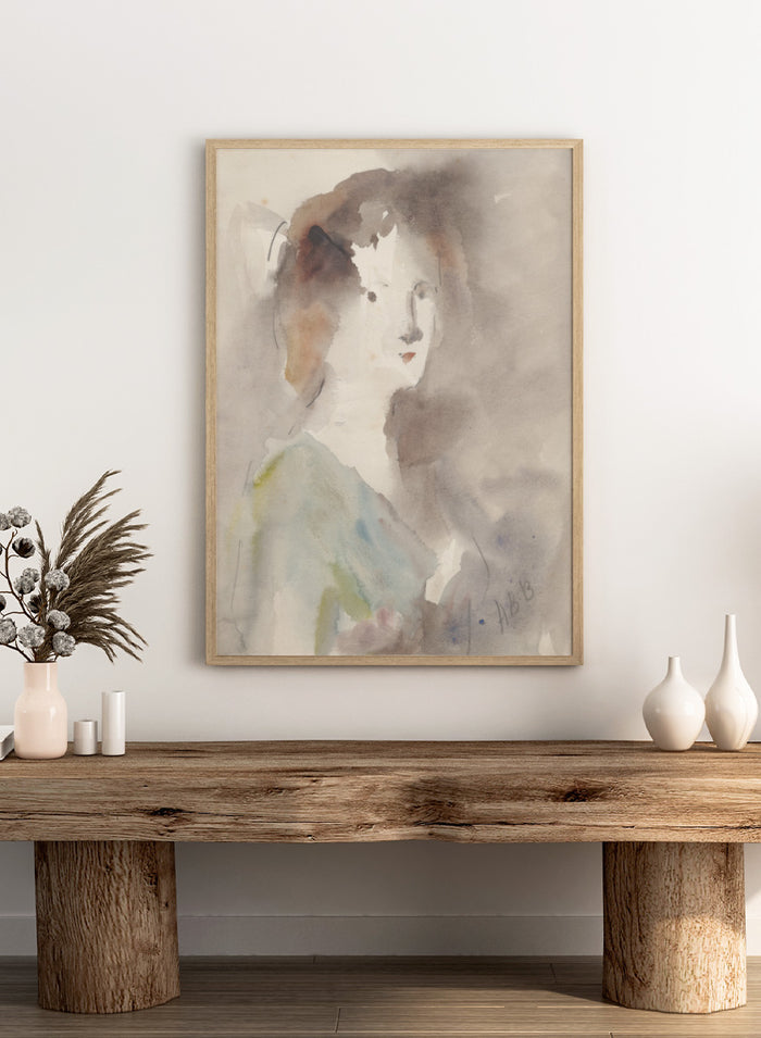 A watercolor portrait painting of a woman's face and upper torso, rendered in soft gray, brown, white, pale blue, and muted green washes. Portrait of a Woman by Hercules Brabazon Brabazon is a vintage watercolor art print featuring a softly painted woman in warm neutrals, blue, and olive tones.