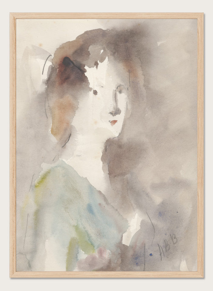 A watercolor portrait painting of a woman's face and upper torso, rendered in soft gray, brown, white, pale blue, and muted green washes. Portrait of a Woman by Hercules Brabazon Brabazon is a vintage watercolor art print featuring a softly painted woman in warm neutrals, blue, and olive tones.