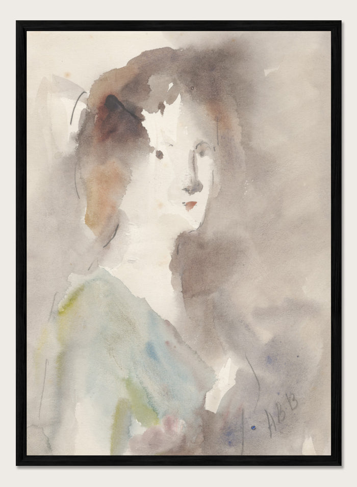 A watercolor portrait painting of a woman's face and upper torso, rendered in soft gray, brown, white, pale blue, and muted green washes. Portrait of a Woman by Hercules Brabazon Brabazon is a vintage watercolor art print featuring a softly painted woman in warm neutrals, blue, and olive tones.
