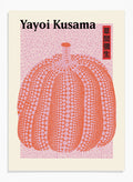 Inspired by Yayoi Kusama 草間彌生 Pumpkin Forever Art, this exhibition Japanese poster art print showcases illustration of red polka dot pumpkin against pink background. Featuring abstract Pumpkin Forever art, this Japani vintage exhibition poster by Yayoi Kusama is perfect for any boho, retro, minimalist, or abstract space.