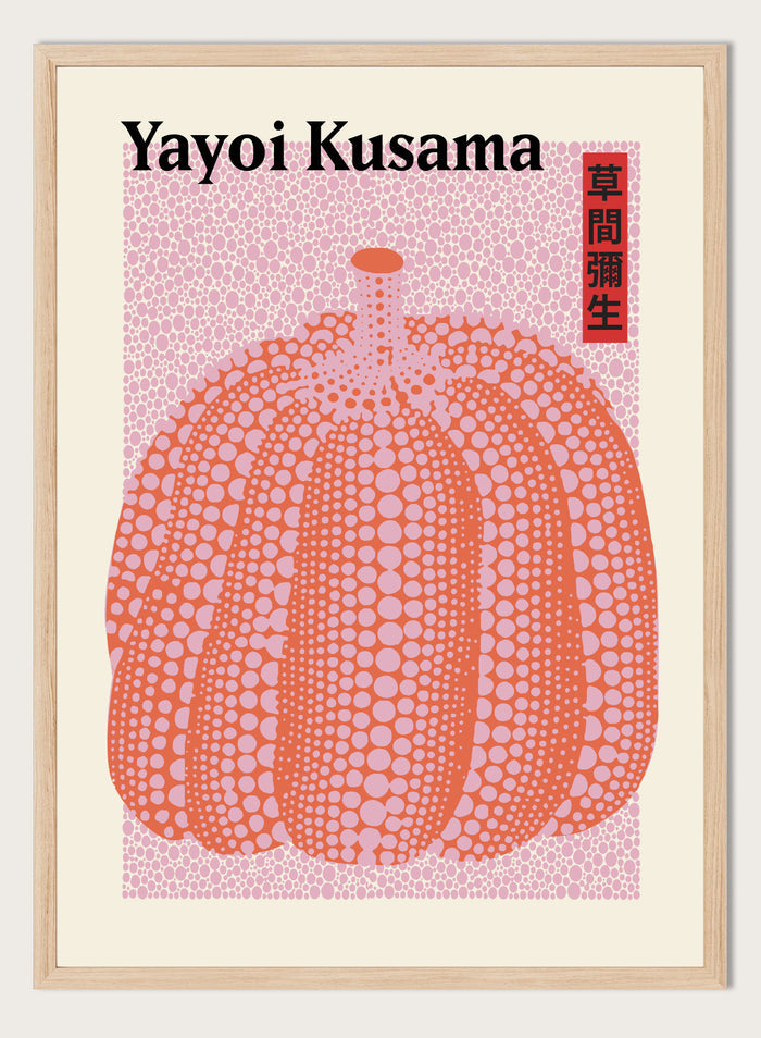 Inspired by Yayoi Kusama 草間彌生 Pumpkin Forever Art, this exhibition Japanese poster art print showcases illustration of red polka dot pumpkin against pink background. Featuring abstract Pumpkin Forever art, this Japani vintage exhibition poster by Yayoi Kusama is perfect for any boho, retro, minimalist, or abstract space.