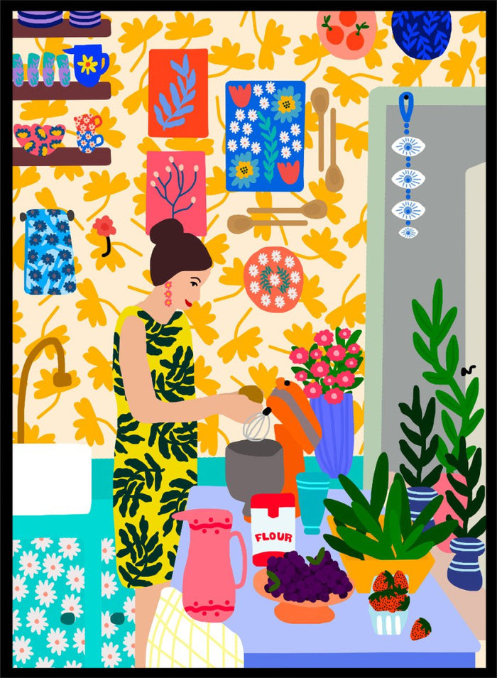 Colorful illustration of a woman cooking in a kitchen with various items and patterns. A Woman in a Kitchen with Flowers by Rafaela Mascaro fine art print poster featuring woman baking, floral wallpaper, fruit and flowers, modern contemporary kitchen wall art.