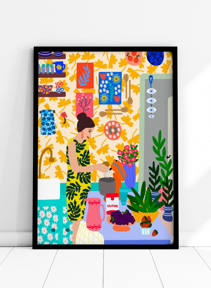Colorful illustration of a woman cooking in a kitchen with various items and patterns. A Woman in a Kitchen with Flowers by Rafaela Mascaro fine art print poster featuring woman baking, floral wallpaper, fruit and flowers, modern contemporary kitchen wall art.