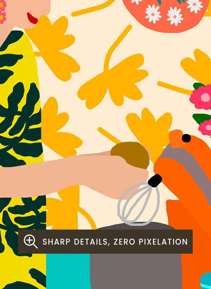 Colorful illustration of a woman cooking in a kitchen with various items and patterns. A Woman in a Kitchen with Flowers by Rafaela Mascaro fine art print poster featuring woman baking, floral wallpaper, fruit and flowers, modern contemporary kitchen wall art.