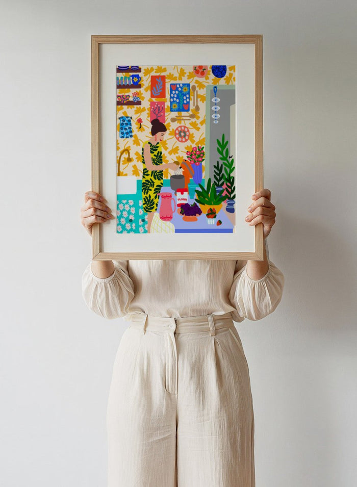 Colorful illustration of a woman cooking in a kitchen with various items and patterns. A Woman in a Kitchen with Flowers by Rafaela Mascaro fine art print poster featuring woman baking, floral wallpaper, fruit and flowers, modern contemporary kitchen wall art.