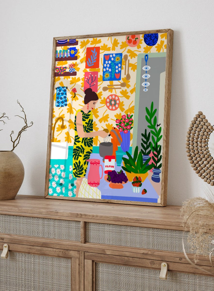 Colorful illustration of a woman cooking in a kitchen with various items and patterns. A Woman in a Kitchen with Flowers by Rafaela Mascaro fine art print poster featuring woman baking, floral wallpaper, fruit and flowers, modern contemporary kitchen wall art.