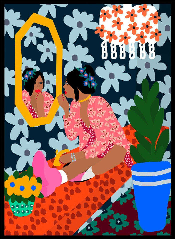 Illustration of a woman applying makeup in front of a mirror with floral patterns and a plant. Before the Mirror by Rafaela Mascaro fine art print poster featuring woman at mirror, bold floral wallpaper, botanical interior, modern contemporary wall art.