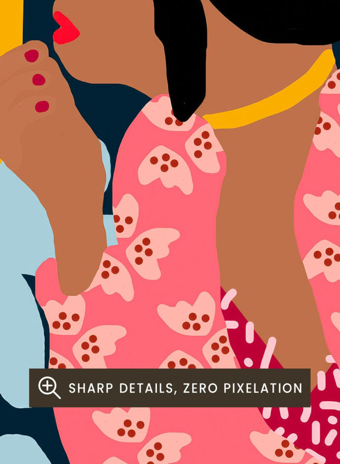 Illustration of a woman applying makeup in front of a mirror with floral patterns and a plant. Before the Mirror by Rafaela Mascaro fine art print poster featuring woman at mirror, bold floral wallpaper, botanical interior, modern contemporary wall art.
