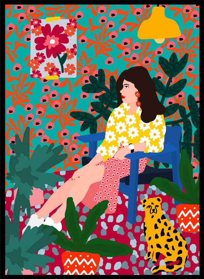 Floral Daydreaming by Rafaela Mascaro fine art print featuring bold botanical interior, modern woman portrait, and colorful contemporary wall art poster.