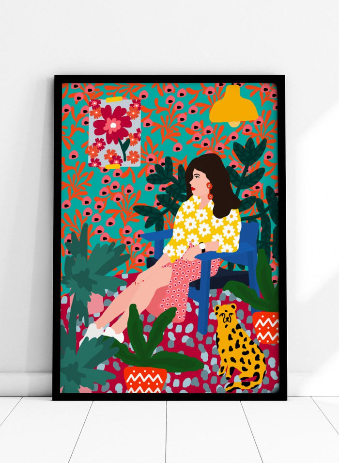 Floral Daydreaming by Rafaela Mascaro fine art print featuring bold botanical interior, modern woman portrait, and colorful contemporary wall art poster.