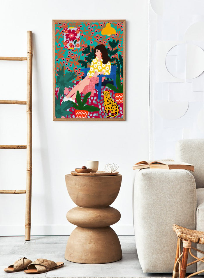 Floral Daydreaming by Rafaela Mascaro fine art print featuring bold botanical interior, modern woman portrait, and colorful contemporary wall art poster.