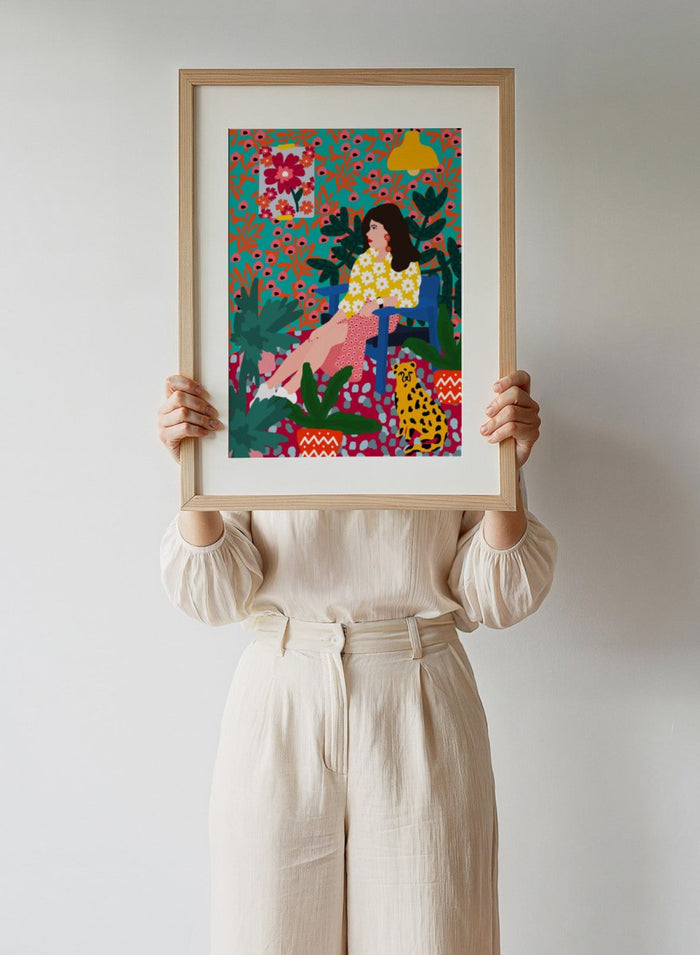 Floral Daydreaming by Rafaela Mascaro fine art print featuring bold botanical interior, modern woman portrait, and colorful contemporary wall art poster.