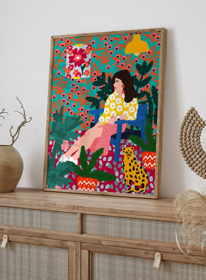Floral Daydreaming by Rafaela Mascaro fine art print featuring bold botanical interior, modern woman portrait, and colorful contemporary wall art poster.