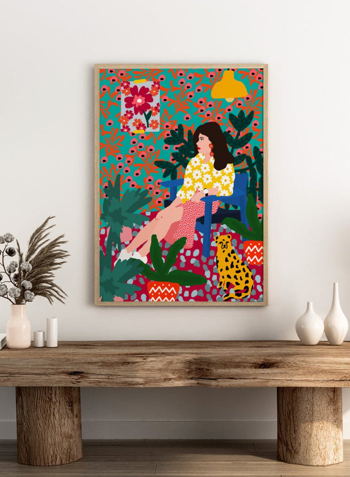 Floral Daydreaming by Rafaela Mascaro fine art print featuring bold botanical interior, modern woman portrait, and colorful contemporary wall art poster.