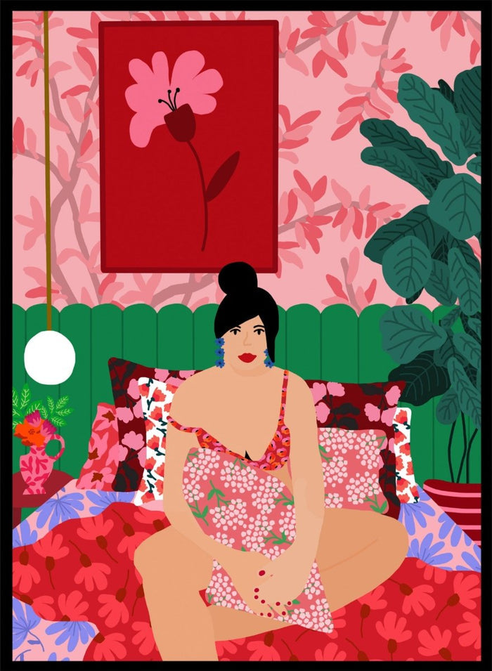 Illustration of a woman in a floral dress sitting on a bed with a colorful room setting. Floral Interior by Rafaela Mascaro is a colorful contemporary art print featuring floral patterns, lush houseplants, vibrant interiors, and joyful home decor inspiration.