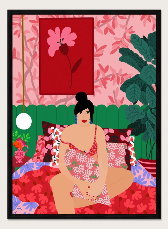 Illustration of a woman in a floral dress sitting on a bed with a colorful room setting. Floral Interior by Rafaela Mascaro is a colorful contemporary art print featuring floral patterns, lush houseplants, vibrant interiors, and joyful home decor inspiration.
