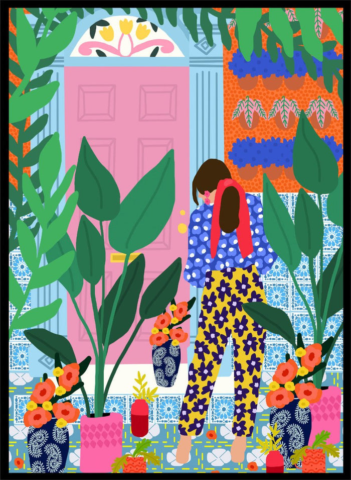 Illustration of a person in colorful pants standing in front of a pink door with plants and flowers. Floral Oasis Retreat by Rafaela Mascaro art print featuring woman in lush garden doorway, colorful plants, patterned tiles, and vibrant contemporary botanical wall art poster.