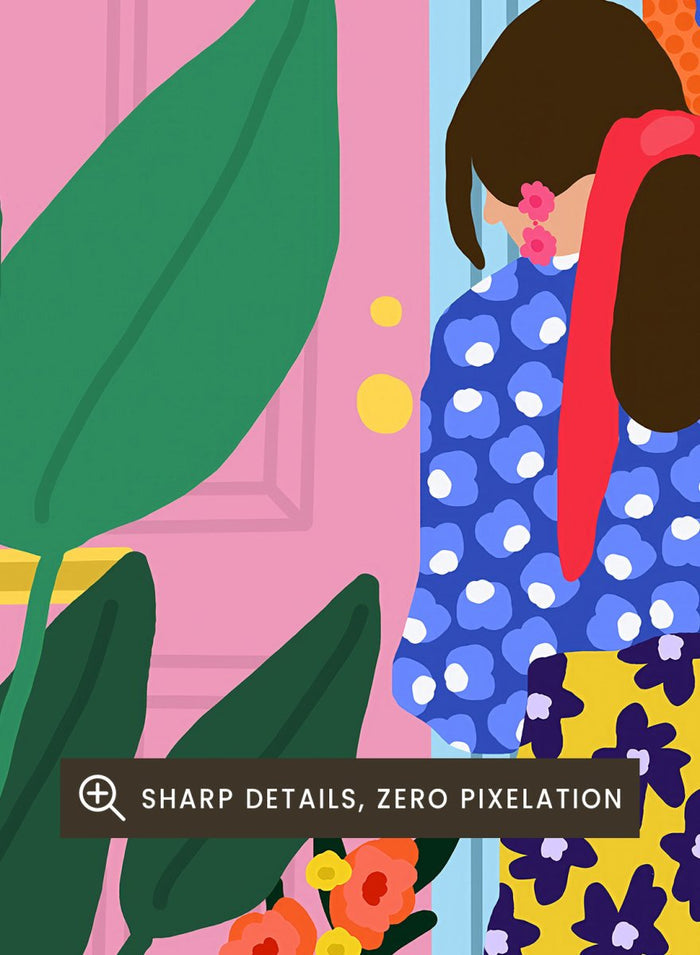 Illustration of a person in colorful pants standing in front of a pink door with plants and flowers. Floral Oasis Retreat by Rafaela Mascaro art print featuring woman in lush garden doorway, colorful plants, patterned tiles, and vibrant contemporary botanical wall art poster.