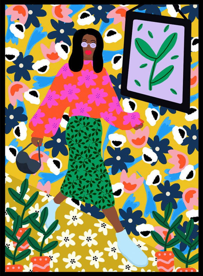 Colorful illustration of a woman in a floral dress with a vibrant background. Floral Power Walk by Rafaela Mascaro fine art print poster featuring woman walking, bold floral background, botanical pattern, modern contemporary wall art.