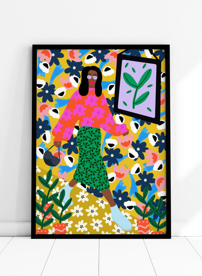 Colorful illustration of a woman in a floral dress with a vibrant background. Floral Power Walk by Rafaela Mascaro fine art print poster featuring woman walking, bold floral background, botanical pattern, modern contemporary wall art.