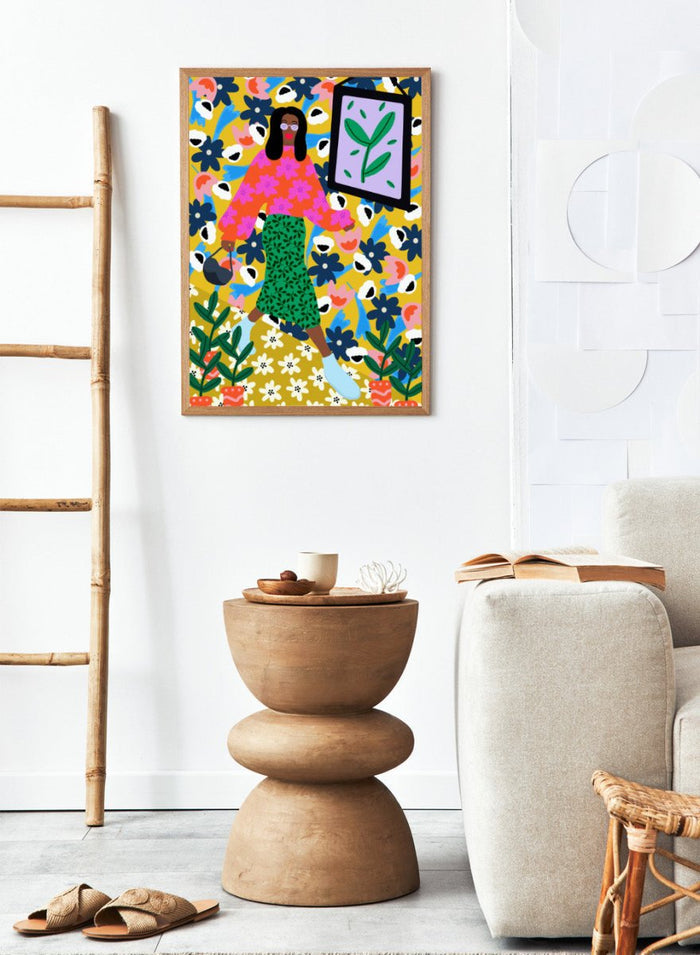 Colorful illustration of a woman in a floral dress with a vibrant background. Floral Power Walk by Rafaela Mascaro fine art print poster featuring woman walking, bold floral background, botanical pattern, modern contemporary wall art.