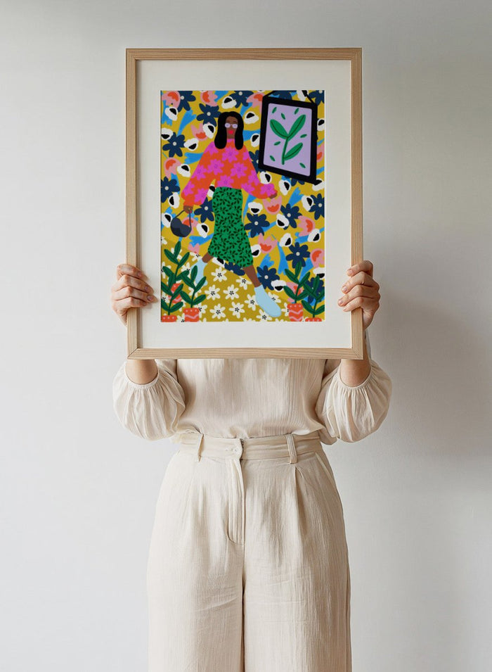 Colorful illustration of a woman in a floral dress with a vibrant background. Floral Power Walk by Rafaela Mascaro fine art print poster featuring woman walking, bold floral background, botanical pattern, modern contemporary wall art.
