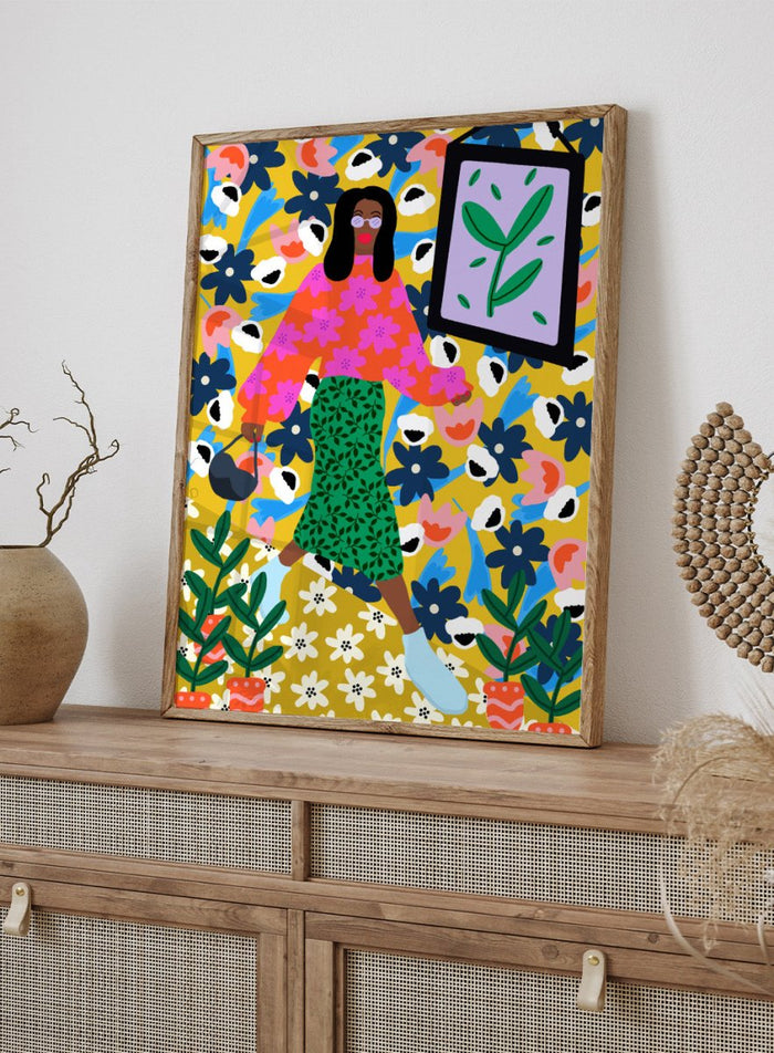 Colorful illustration of a woman in a floral dress with a vibrant background. Floral Power Walk by Rafaela Mascaro fine art print poster featuring woman walking, bold floral background, botanical pattern, modern contemporary wall art.
