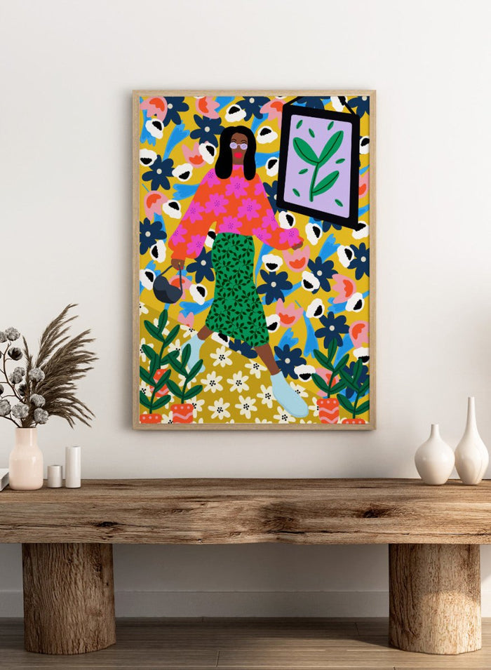 Colorful illustration of a woman in a floral dress with a vibrant background. Floral Power Walk by Rafaela Mascaro fine art print poster featuring woman walking, bold floral background, botanical pattern, modern contemporary wall art.