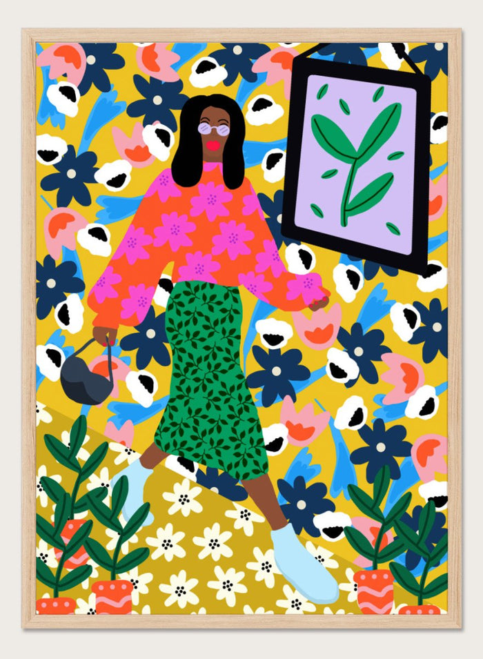 Colorful illustration of a woman in a floral dress with a vibrant background. Floral Power Walk by Rafaela Mascaro fine art print poster featuring woman walking, bold floral background, botanical pattern, modern contemporary wall art.