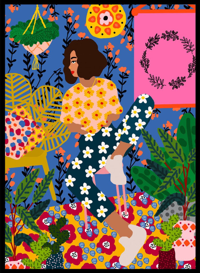 Colorful illustration of a woman sitting among flowers and plants with a vibrant background. Floral Retreat Girl by Rafaela Mascaro fine art print poster with seated woman, bold floral interior, botanical decor, modern contemporary aesthetic wall art.