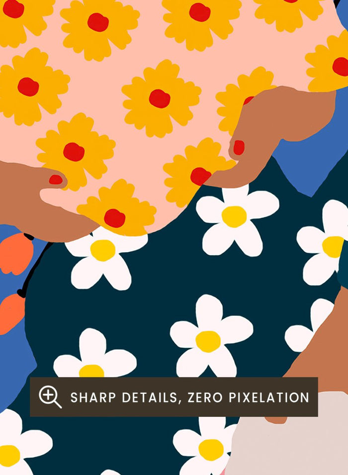 Colorful illustration of a woman sitting among flowers and plants with a vibrant background. Floral Retreat Girl by Rafaela Mascaro fine art print poster with seated woman, bold floral interior, botanical decor, modern contemporary aesthetic wall art.