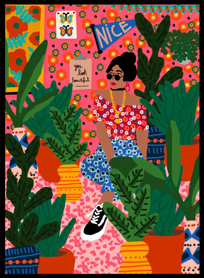 Illustration of a woman surrounded by plants with a colorful background. Floral Student Room by Rafaela Mascaro fine art print featuring colorful botanical interior, bold patterned room, modern female figure, contemporary wall art poster.