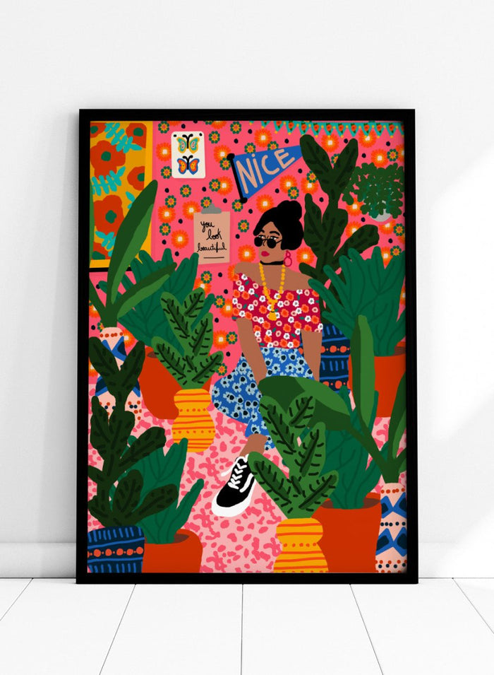 Illustration of a woman surrounded by plants with a colorful background. Floral Student Room by Rafaela Mascaro fine art print featuring colorful botanical interior, bold patterned room, modern female figure, contemporary wall art poster.