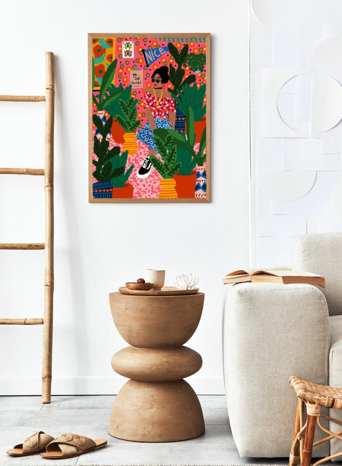 Illustration of a woman surrounded by plants with a colorful background. Floral Student Room by Rafaela Mascaro fine art print featuring colorful botanical interior, bold patterned room, modern female figure, contemporary wall art poster.