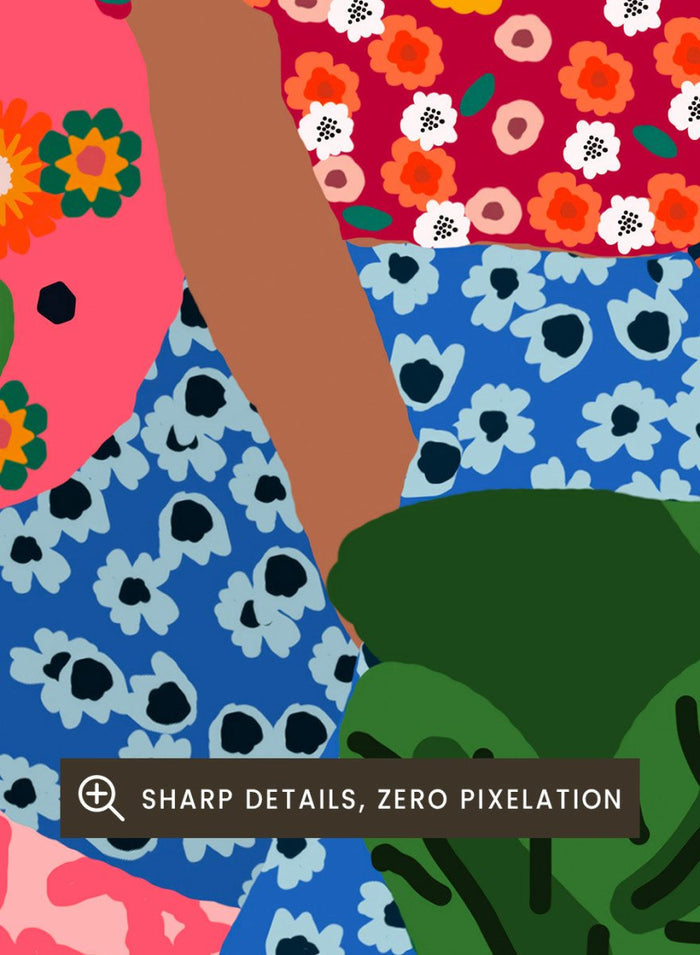 Illustration of a woman surrounded by plants with a colorful background. Floral Student Room by Rafaela Mascaro fine art print featuring colorful botanical interior, bold patterned room, modern female figure, contemporary wall art poster.