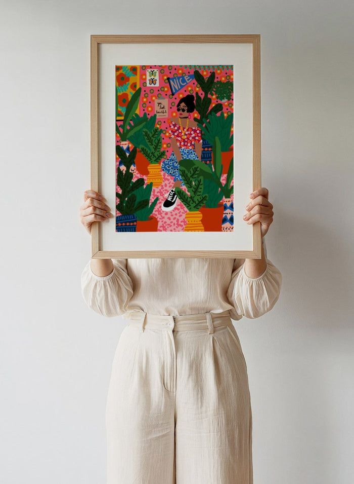 Illustration of a woman surrounded by plants with a colorful background. Floral Student Room by Rafaela Mascaro fine art print featuring colorful botanical interior, bold patterned room, modern female figure, contemporary wall art poster.
