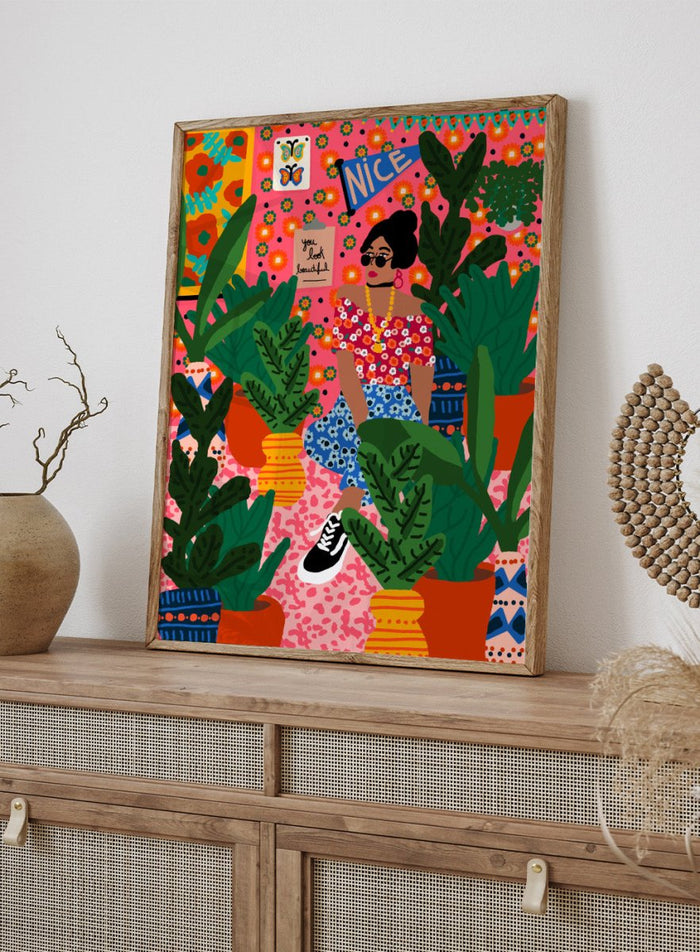 Illustration of a woman surrounded by plants with a colorful background. Floral Student Room by Rafaela Mascaro fine art print featuring colorful botanical interior, bold patterned room, modern female figure, contemporary wall art poster.