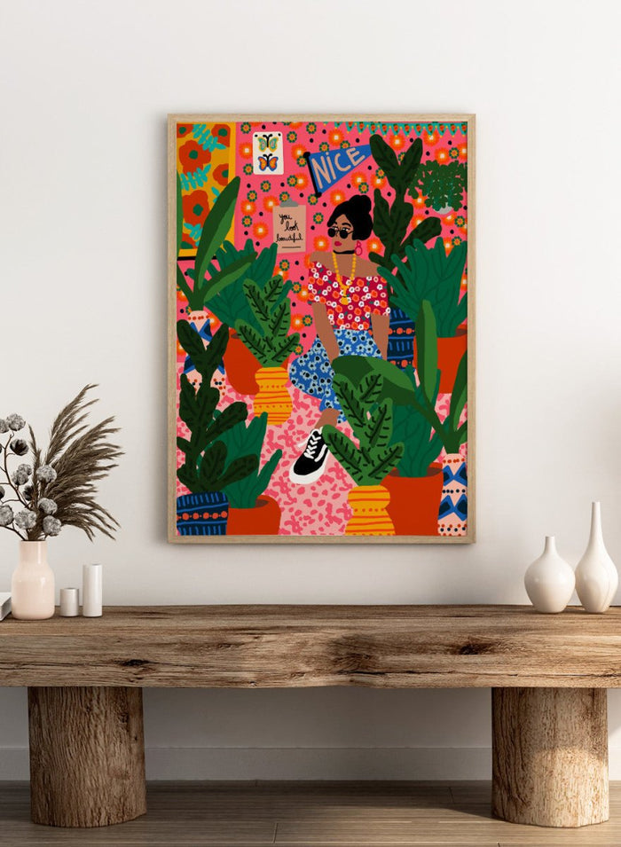 Illustration of a woman surrounded by plants with a colorful background. Floral Student Room by Rafaela Mascaro fine art print featuring colorful botanical interior, bold patterned room, modern female figure, contemporary wall art poster.