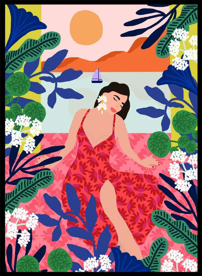Woman in a red dress surrounded by tropical plants and flowers with a colorful sky. Floral Sunset Girl by Rafaela Mascaro is a vibrant tropical art print featuring bold florals, lush botanicals, coastal views, and colorful contemporary illustration.