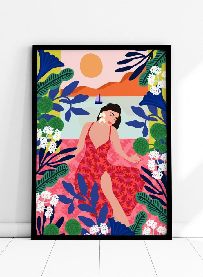 Woman in a red dress surrounded by tropical plants and flowers with a colorful sky. Floral Sunset Girl by Rafaela Mascaro is a vibrant tropical art print featuring bold florals, lush botanicals, coastal views, and colorful contemporary illustration.