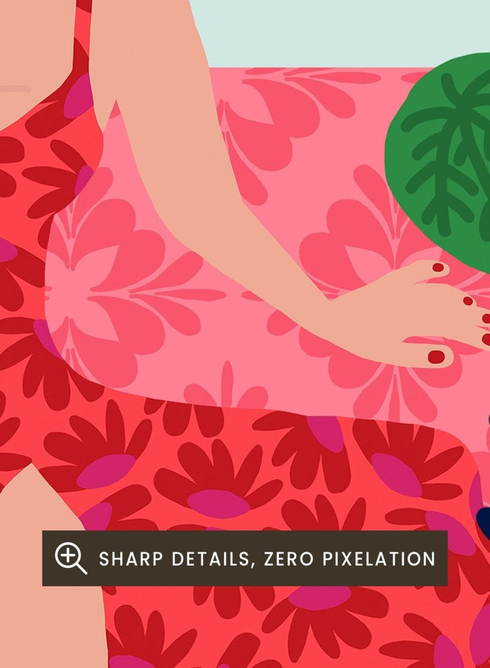 Woman in a red dress surrounded by tropical plants and flowers with a colorful sky. Floral Sunset Girl by Rafaela Mascaro is a vibrant tropical art print featuring bold florals, lush botanicals, coastal views, and colorful contemporary illustration.