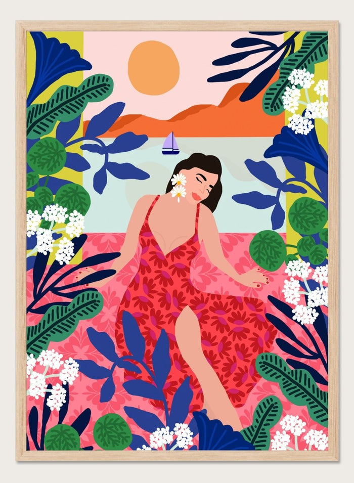 Woman in a red dress surrounded by tropical plants and flowers with a colorful sky. Floral Sunset Girl by Rafaela Mascaro is a vibrant tropical art print featuring bold florals, lush botanicals, coastal views, and colorful contemporary illustration.