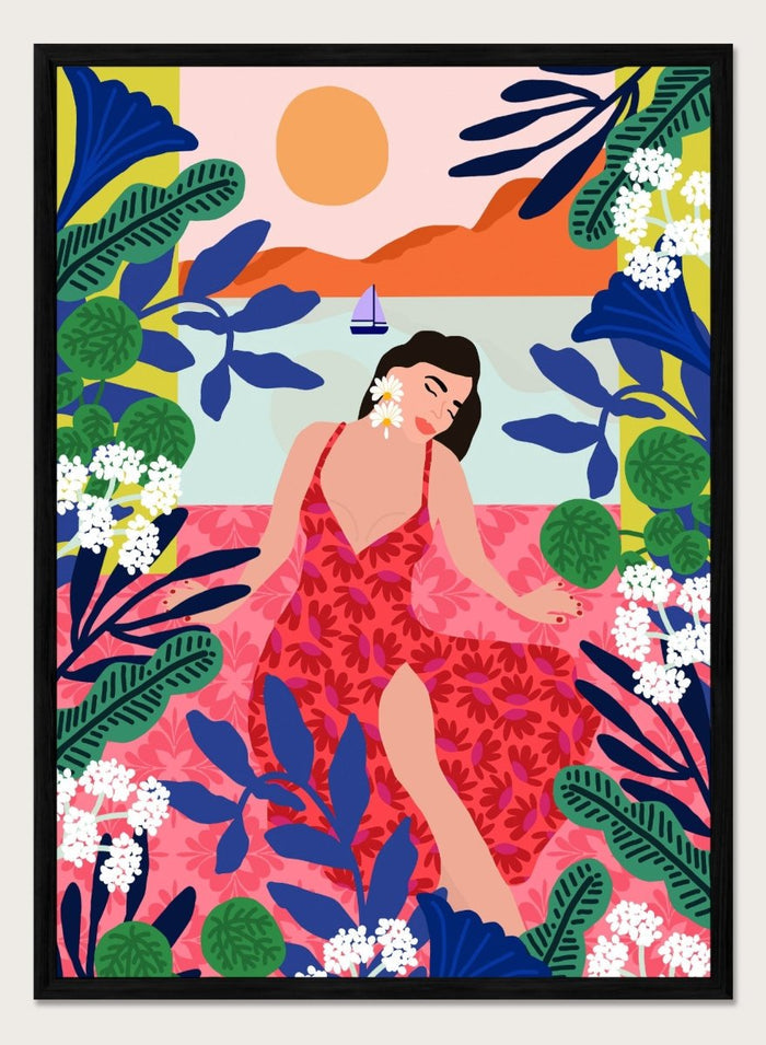 Woman in a red dress surrounded by tropical plants and flowers with a colorful sky. Floral Sunset Girl by Rafaela Mascaro is a vibrant tropical art print featuring bold florals, lush botanicals, coastal views, and colorful contemporary illustration.